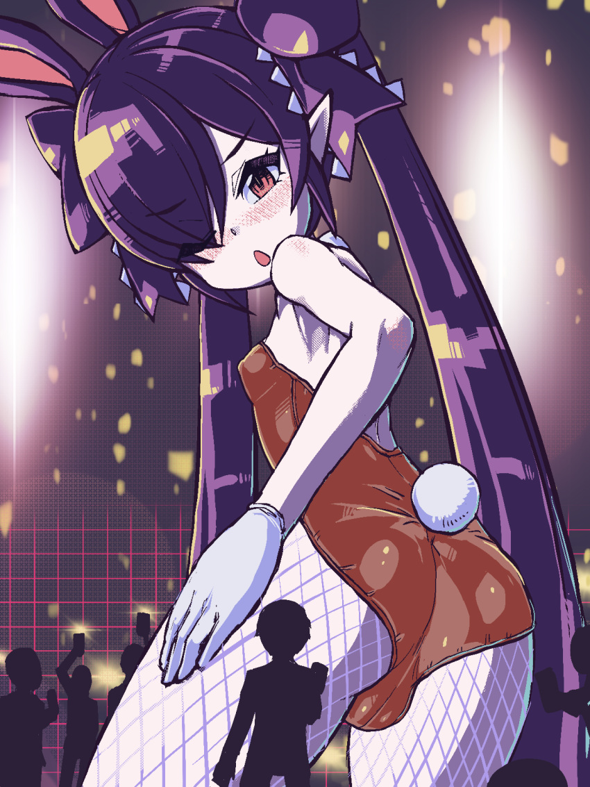 1girl 6+others animal_ears ass backbeako black_hair black_ribbon blush commentary_request eyes_visible_through_hair fake_animal_ears fake_tail fishnet_pantyhose fishnets from_behind gegege_no_kitarou giant giantess gloves hair_over_one_eye hair_ribbon hand_on_own_thigh highres holding holding_phone leotard light light_rays long_hair looking_at_viewer looking_back multiple_others one_eye_closed open_mouth original pantyhose phone playboy_bunny pointy_ears red_eyes red_leotard ribbon silhouette solo_focus tail taking_picture torotei twintails very_long_hair white_gloves