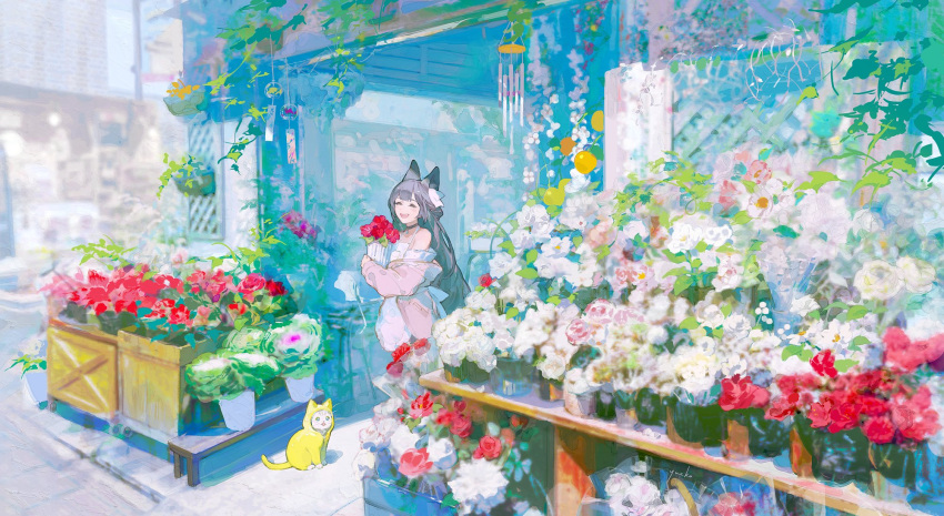 1girl animal_ears black_hair box building cat cat_ears closed_eyes flower flower_pot flower_shop full_body highres holding long_hair long_sleeves open_mouth original outdoors scenery shop smile solo very_long_hair yueko_(jiayue_wu)