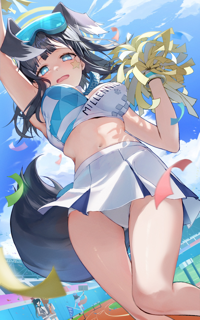 4girls absurdres animal_ears bangs bare_arms bare_legs bare_shoulders black_hair blue_archive blue_eyes blue_sky breasts cheerleader cloud confetti day dog_ears dog_girl dog_tail eyewear_on_head fox_girl fox_tail goggles goggles_on_head gym_uniform halo hasumi_(blue_archive) hasumi_(gym_uniform)_(blue_archive) hibiki_(blue_archive) hibiki_(cheerleader)_(blue_archive) highres holding holding_pom_poms izuna_(blue_archive) long_hair looking_at_viewer mari_(blue_archive) midriff miniskirt multiple_girls navel official_alternate_costume open_mouth outdoors panties pantyshot pleated_skirt pom_pom_(cheerleading) siole skirt sky sleeveless solo stadium star_sticker sticker_on_face sunglasses tail underwear white_panties white_skirt yellow_halo