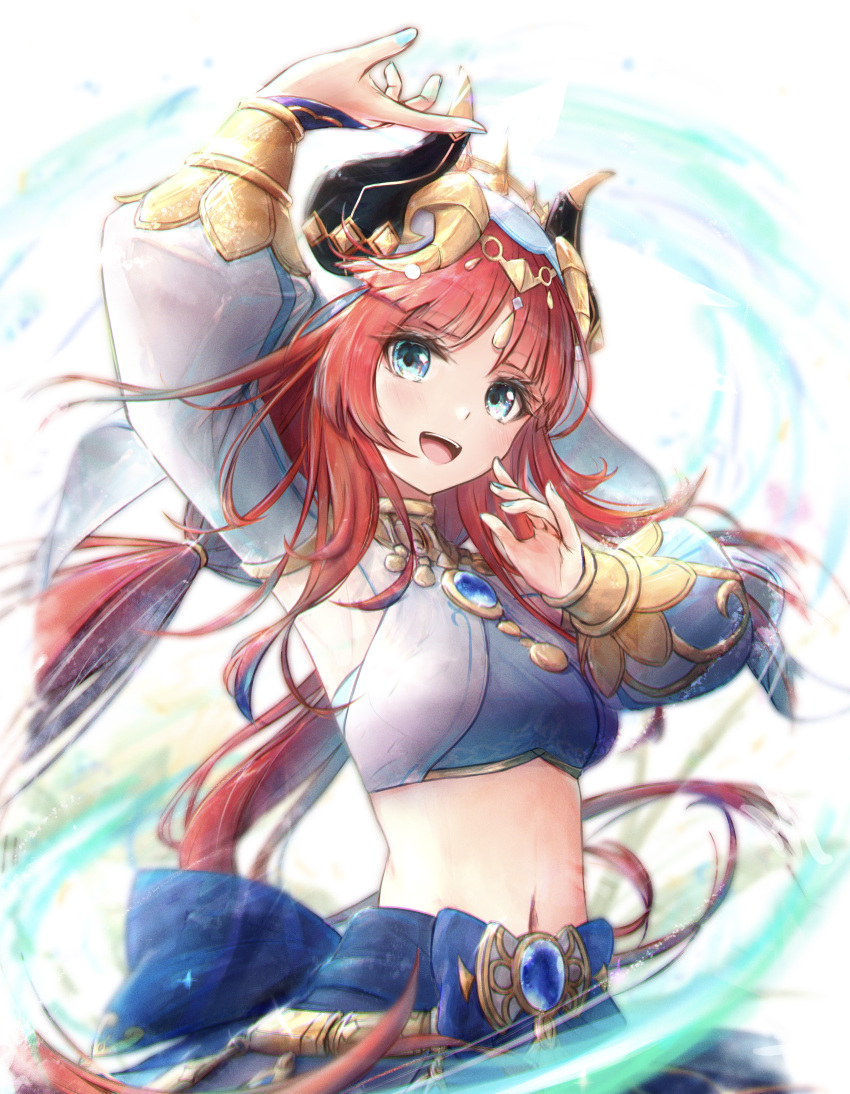 1girl :d absurdres aqua_eyes arm_up armpits bangs blue_gemstone blue_nails blue_skirt bracer breasts brooch circlet commentary dancer dancing detached_sleeves fake_horns gem genshin_impact gold_trim harem_outfit highres horns jewelry long_hair long_sleeves looking_at_viewer low_twintails medium_breasts nail_polish navel neck_ring nilou_(genshin_impact) open_mouth puffy_long_sleeves puffy_sleeves red_hair sarasuty shirt sidelocks simple_background skirt sleeveless sleeveless_shirt smile solo stomach teeth twintails upper_teeth veil water white_background white_headwear white_shirt white_sleeves