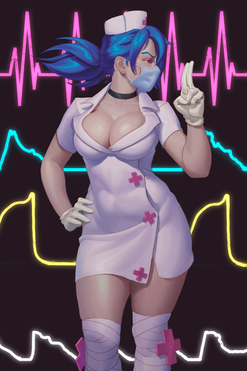 +_+ 1girl ass bandaged_leg bandages blue_hair breasts cardiogram cleavage english_commentary eyepatch full_body gloves hair_over_one_eye hat heartbeat highres large_breasts mask mouth_mask nurse nurse_cap one-eyed ponytail profile red_eyes skullgirls standing steve_cruz_meza surgical_mask thighs valentine_(skullgirls) white_footwear white_gloves