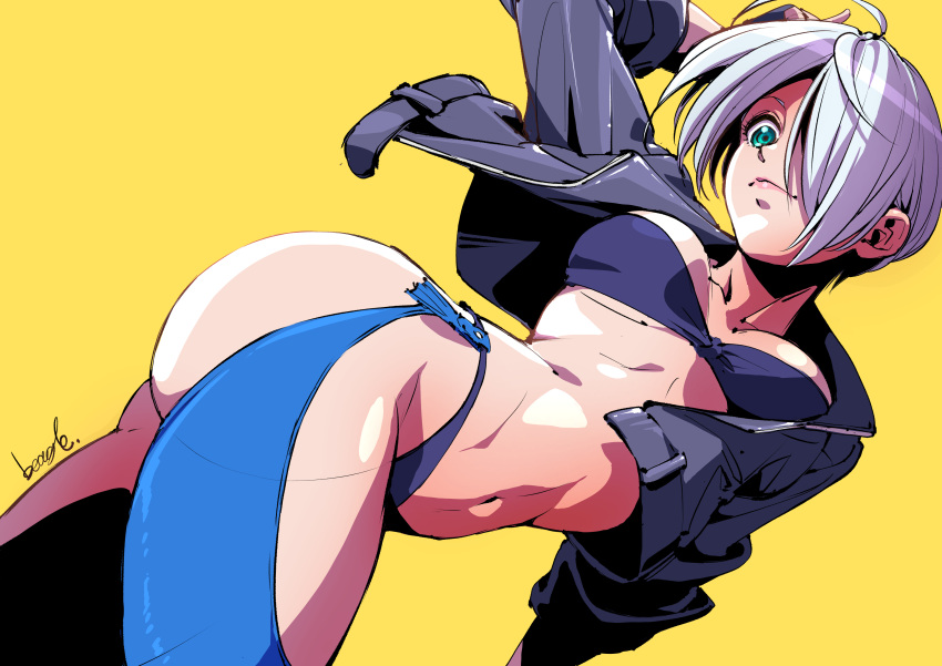 1girl absurdres angel_(kof) arm_behind_head arm_up bangs bra breasts chaps cleavage collarbone cropped_jacket dutch_angle fingerless_gloves from_below gloves green_eyes hair_over_one_eye highres jacket large_breasts leather leather_jacket looking_at_viewer looking_down navel panties perspective smile snk solo standing stomach strapless strapless_bra strikebeagle the_king_of_fighters the_king_of_fighters_xiv toned underwear