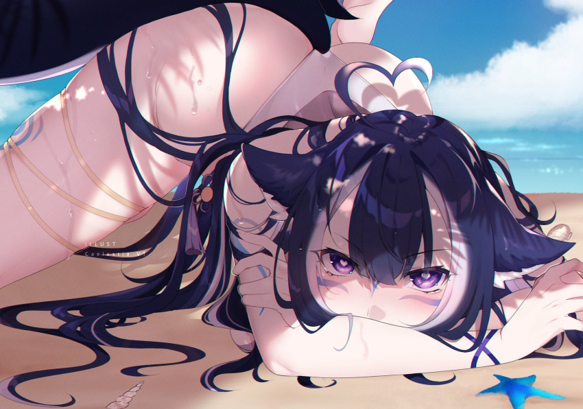 1girl ahoge animal_ears artist_name ass beach black_hair blue_sky body_markings breasts cetacean_tail cloud commentary english_commentary fish_tail heart heart-shaped_pupils heart_ahoge highres indie_virtual_youtuber katsumi_(katsumissan) large_breasts long_hair looking_at_viewer multicolored_hair one-piece_swimsuit orca_girl purple_eyes sand shylily sky streaked_hair swimsuit symbol-shaped_pupils tail thigh_strap top-down_bottom-up virtual_youtuber water white_hair white_one-piece_swimsuit