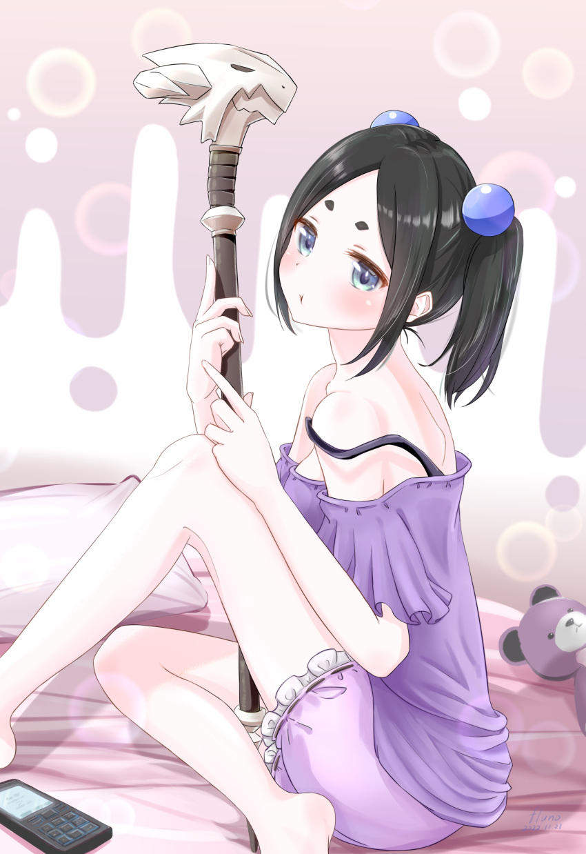 1girl absurdres aqua_eyes bangs bare_legs barefoot beads bed between_legs black_hair breasts camisole cellphone cushion dated fluno frilled_camisole frilled_shorts frills from_side futoku_no_guild hair_beads hair_ornament highres holding holding_staff looking_at_viewer medium_breasts one_knee pajamas parted_bangs phone pout purple_camisole purple_shorts short_twintails shorts signature sitting solo staff strap_slip stuffed_animal stuffed_toy teddy_bear thick_eyebrows tokishikko_dana twintails