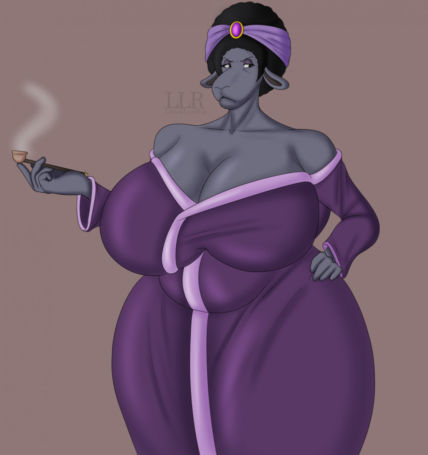 2022 afro anthro big_breasts big_butt black_hair bovid breasts butt caprine cleavage clothed clothing domestic_sheep female frown grey_body hair hand_on_hip hi_res illumination_entertainment klr-rio mammal mouth_closed nana_noodleman robe sheep simple_background sing_(movie) smoke smoking_pipe solo standing thick_thighs wide_hips