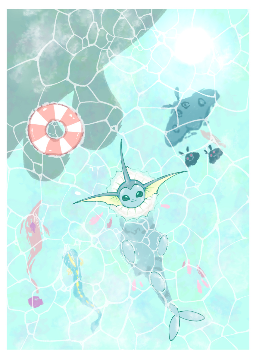 :3 absurdres afloat border closed_mouth commentary_request eelektross from_above gorebyss highres lifebuoy looking_at_viewer lying mantine mantyke no_humans oimo_kenpi on_back pokemon pokemon_(creature) smile vaporeon water white_border