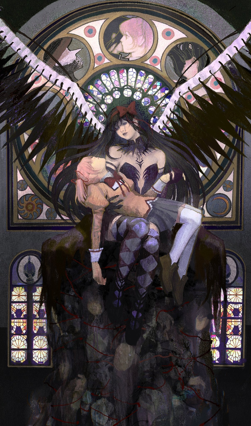 2girls akemi_homura akuma_homura argyle argyle_legwear bangs bare_shoulders black_collar black_gloves black_hair black_lips black_wings boots bow bow_hairband bowtie brown_footwear chinese_commentary closed_eyes collar commentary_request crescent elbow_gloves fine_art_parody floating_hair full_body gloves grey_skirt hair_ribbon hairband hand_grab highres jacket juliet_sleeves kaname_madoka loafers long_hair long_sleeves looking_at_another lying lying_on_lap mahou_shoujo_madoka_magica mahou_shoujo_madoka_magica:_hangyaku_no_monogatari miaoyunyun mitakihara_school_uniform mosaic multiple_girls on_back parody pieta pink_hair puffy_sleeves purple_eyes purple_footwear red_bow red_bowtie red_hairband ribbon school_uniform shoes short_hair short_twintails sitting skirt soul_gem star_(symbol) sun_symbol tears thigh_boots thighhighs twintails unconscious white_thighhighs window wings yellow_jacket