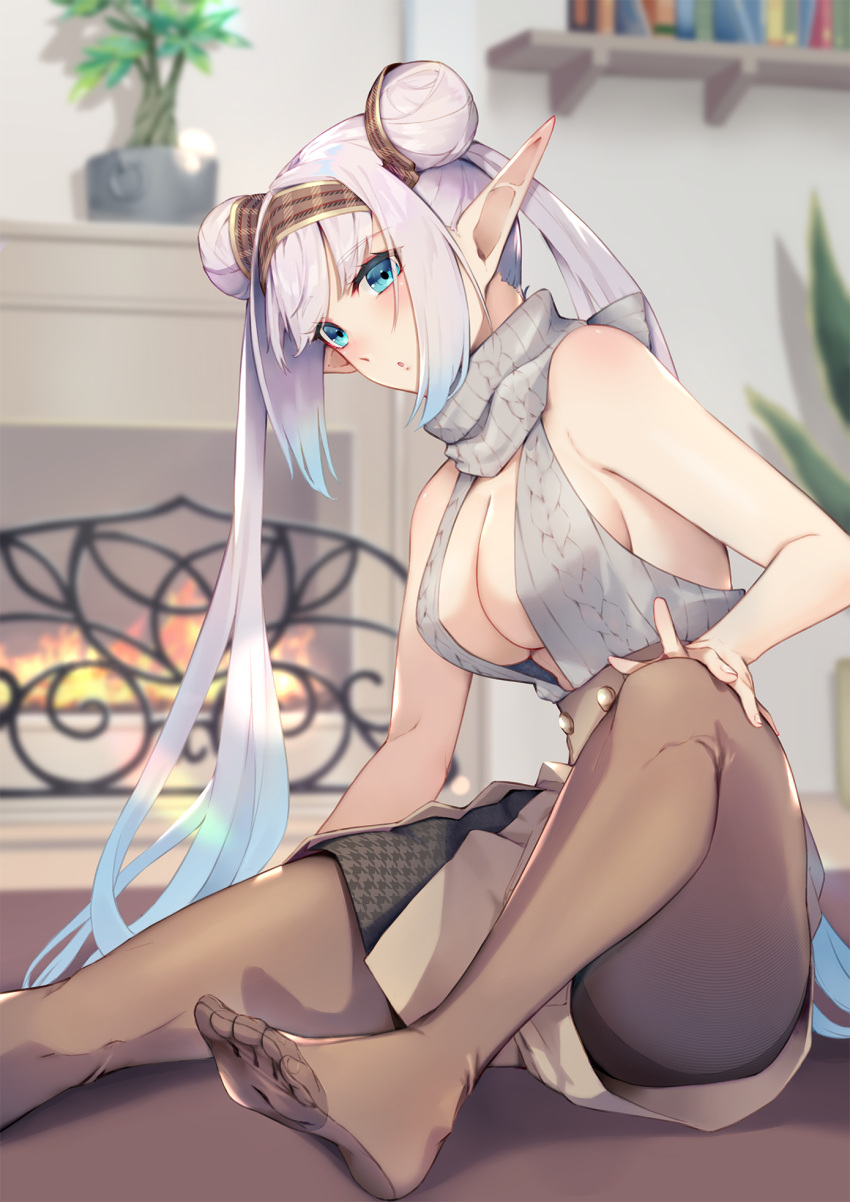 1girl bangs bare_shoulders blue_eyes blush breasts britomart_(fate) brown_pantyhose brown_shorts buttons cleavage contemporary double-breasted double_bun fate/grand_order fate_(series) fireplace grey_hair hair_bun hairband halterneck high-waist_shorts highres indoors large_breasts long_hair looking_at_viewer nakaga_eri pantyhose pointy_ears shorts sideboob sitting solo sweater turtleneck turtleneck_sweater twintails very_long_hair