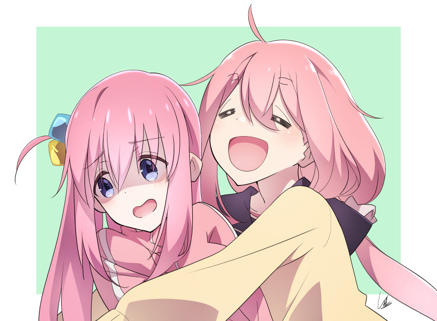 2girls :d =_= absurdres blue_eyes bocchi_the_rock! color_connection commentary crossover gotou_hitori hair_color_connection highres hug jacket kagamihara_nadeshiko long_hair look-alike multiple_girls pink_hair school_uniform shaded_face simple_background smile track_jacket yasu_(pixiv) yurucamp