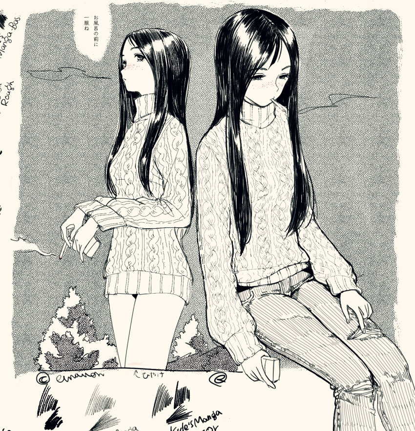 1girl cigarette cigarette_pack denim emanon_(character) freckles greyscale highres jeans knit_sweater kokudou_juunigou long_hair memories_of_emanon monochrome no_pants pants smoking