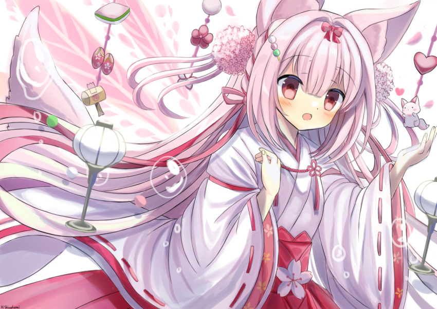 1girl animal_ears bangs blush bow bubble cherry_blossoms dango dango_hair_ornament falling_petals flower food food-themed_hair_ornament fox_ears fox_girl fox_tail hair_bow hair_flower hair_intakes hair_ornament hair_ribbon hakama hakama_skirt hane. japanese_clothes kimono long_hair long_sleeves original petals pink_eyes pink_hair ribbon ribbon-trimmed_sleeves ribbon_trim sanshoku_dango skirt solo tail two_side_up very_long_hair wagashi wide_sleeves wind_chime