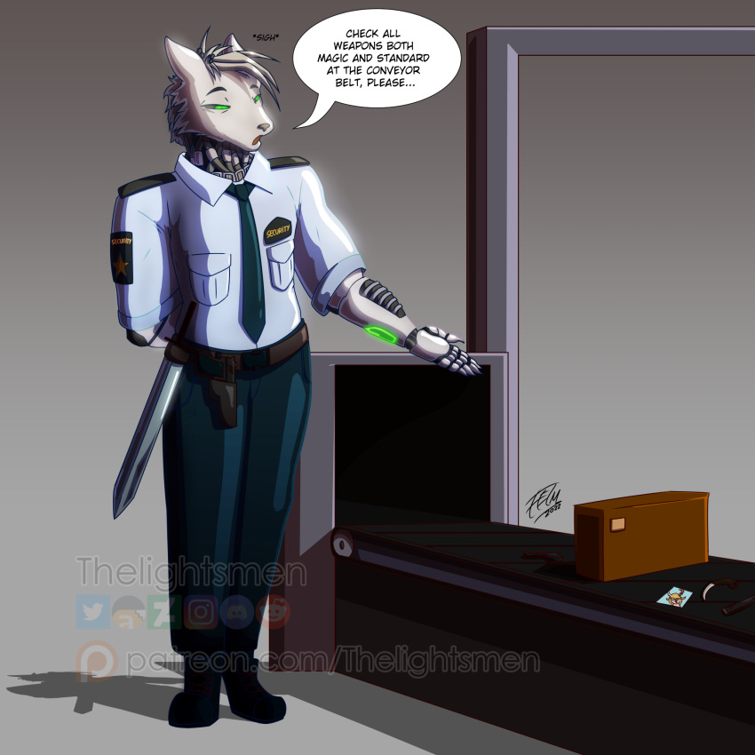 1:1 anthro canid canine canis clothing cybernetic_arm cybernetic_eye cybernetic_limb cybernetics cyborg dialogue digital_media_(artwork) english_text hair hands_behind_back hi_res machine male mammal melee_weapon muscular muscular_male necktie officer police_uniform scanner security_guard solo speech_bubble standing sword text thelightsmen tired_eyes uniform weapon wolf