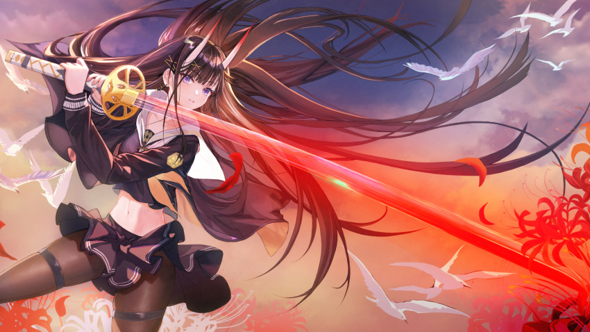 1girl azur_lane bird black_cardigan black_hair black_pantyhose black_serafuku black_skirt cardigan earrings flower hair_ornament highres holding holding_sword holding_weapon horns jewelry katana long_hair looking_at_viewer luoxin_(kndoffice903) midriff navel noshiro_(azur_lane) oni_horns open_cardigan open_clothes pantyhose purple_eyes sailor_collar school_uniform serafuku skirt spider_lily sword very_long_hair weapon white_sailor_collar x_hair_ornament