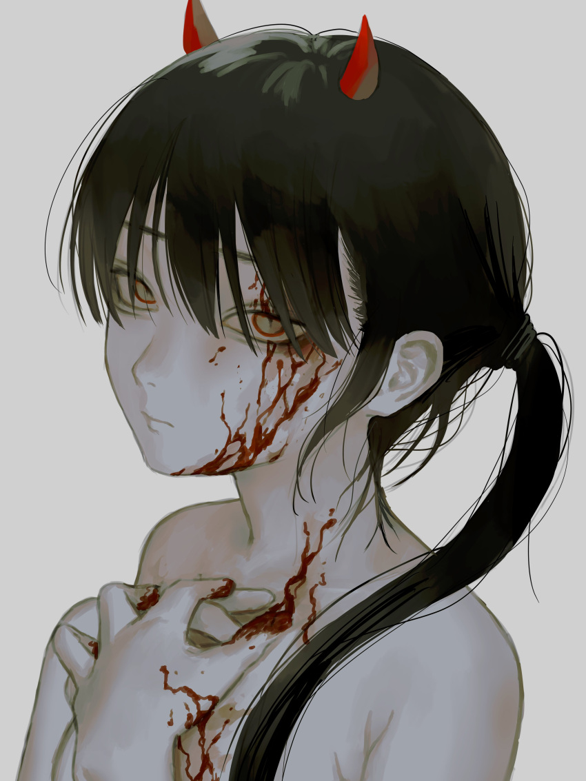 1girl absurdres bangs bare_shoulders black_hair blood blood_on_face blood_on_hands closed_mouth demon_horns hand_on_own_chest highres horns long_hair looking_at_viewer nia_(x_x02) nude original ponytail red_horns simple_background solo white_background yellow_eyes