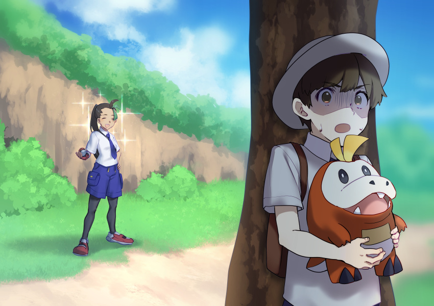 1boy 1girl :d absurdres bangs black_pantyhose brown_eyes brown_hair bush cloud collared_shirt commentary_request day emoemon florian_(pokemon) fuecoco grass grey_headwear grey_shirt hat highres holding holding_poke_ball holding_pokemon long_hair necktie nemona_(pokemon) open_mouth outdoors pantyhose path poke_ball pokemon pokemon_(creature) pokemon_(game) pokemon_sv ponytail shaded_face shirt shoes short_hair short_sleeves shorts sky smile sparkle standing sweat tree