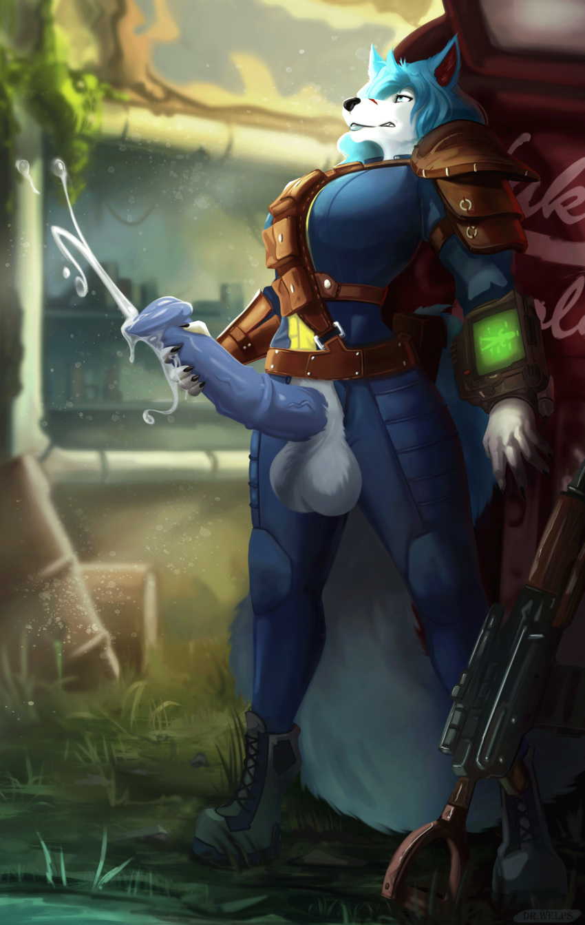 absurd_res ahegao animal_genitalia animal_penis anthro armor balls bethesda_softworks beverage big_balls big_breasts blue_eyes blue_hair bodily_fluids boots breasts canid canine canis clothing cola cum dr._welps equine_penis fallout footwear fur genital_fluids genitals gun hair herm hi_res intersex looking_pleasured mammal masturbation penis pip-boy ranged_weapon soda solo suit video_games weapon white_body white_fur wolf