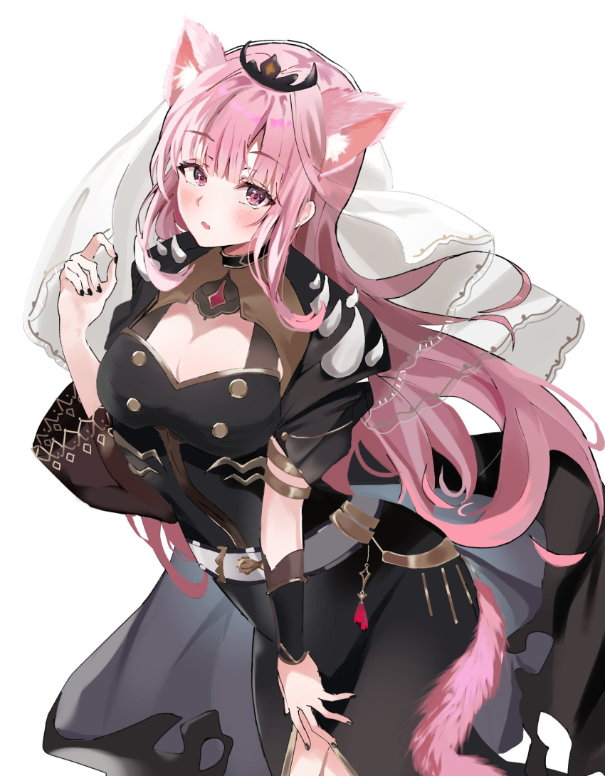 1girl animal_ear_fluff animal_ears black_cape black_dress black_nails black_sleeves blush breasts cape cat_ears cat_girl cat_tail cleavage commentary detached_sleeves dress english_commentary highres hololive hololive_english kbnimated large_breasts long_hair looking_at_viewer mori_calliope nail_polish open_mouth pink_hair red_eyes see-through see-through_sleeves single_sleeve tail veil virtual_youtuber
