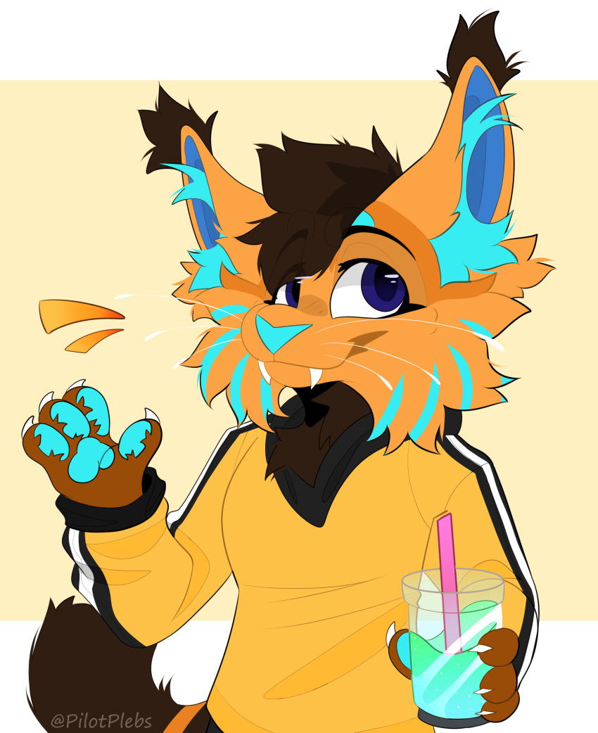 absurd_res anthro artist_name beverage black_clothing black_topwear blue_eyes blue_inner_ear blue_inner_ear_fluff blue_nose blue_pawpads blue_stripes brown_hair cheek_tuft claws closed_smile clothed clothing ear_tuft facial_tuft felid feline female fur glistening glistening_eyes hair half-length_portrait hi_res holding_beverage holding_object inner_ear_fluff lynx mammal mouth_closed multicolored_clothing multicolored_topwear orange_body orange_fur pawpads pilotplebs portrait short_hair simple_background solo striped_body striped_fur stripes topwear tuft whiskers white_claws white_clothing white_topwear yellow_clothing yellow_topwear