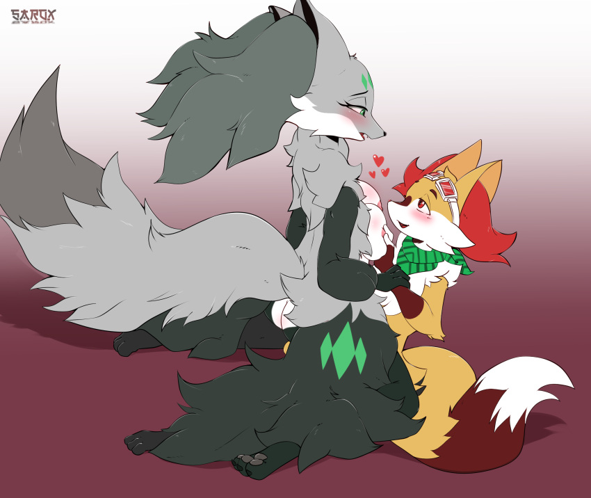 &lt;3 absurd_res anthro black_body black_fur black_tipped_ears braixen breast_play breasts butt delphox duo female flare_the_delphox fur generation_6_pokemon green_eyes green_markings grey_body grey_fur hi_res male male/female markings miro_the_braixen nintendo pleased_expression pokemon pokemon_(species) red_eyes sarox video_games white_body white_fur white_tipped_tail yellow_body yellow_fur