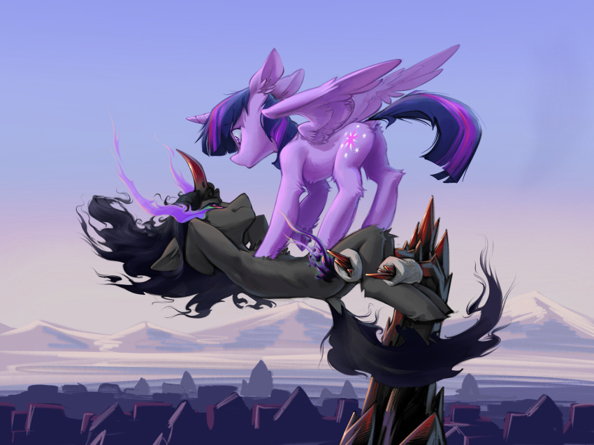 black_hair black_tail blue_ink_(artist) cutie_mark dock duo equid equine feathered_wings feathers female feral friendship_is_magic fur green_sclera grey_body grey_fur hair hasbro hi_res horn king_sombra_(mlp) male mammal my_little_pony purple_body purple_feathers purple_fur purple_hair purple_tail red_eyes smile twilight_sparkle_(mlp) unicorn winged_unicorn wings
