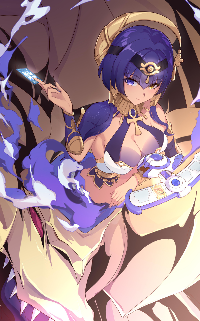 1girl absurdres bare_shoulders blue_eyes blue_hair breasts candace_(genshin_impact) card cleavage closed_mouth dark_skin dragon egyptian egyptian_clothes genshin_impact gishihi hair_ornament hairband heterochromia highres holding holding_card large_breasts monster_reborn sharp_teeth smile teeth the_winged_dragon_of_ra vambraces yellow_eyes yu-gi-oh!