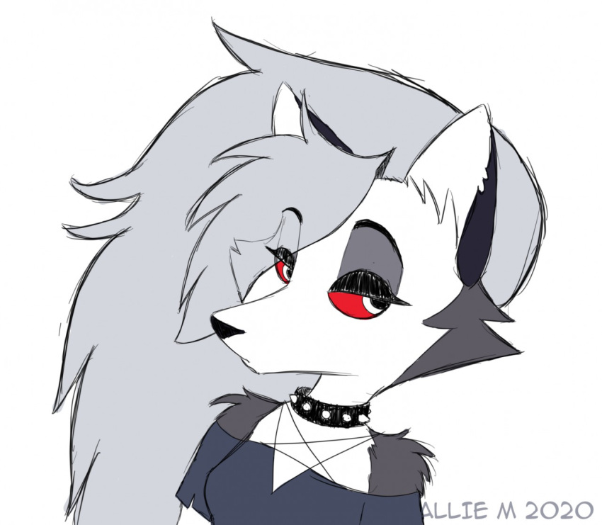 2020 anthro black_collar canid canid_demon canine canis collar demon digital_drawing_(artwork) digital_media_(artwork) female fur grey_body grey_fur grey_hair hair hellhound helluva_boss loona_(helluva_boss) mammal multicolored_body multicolored_fur portrait red_sclera simple_background solo spiked_collar spikes white_background white_body white_fur wolf zinacat