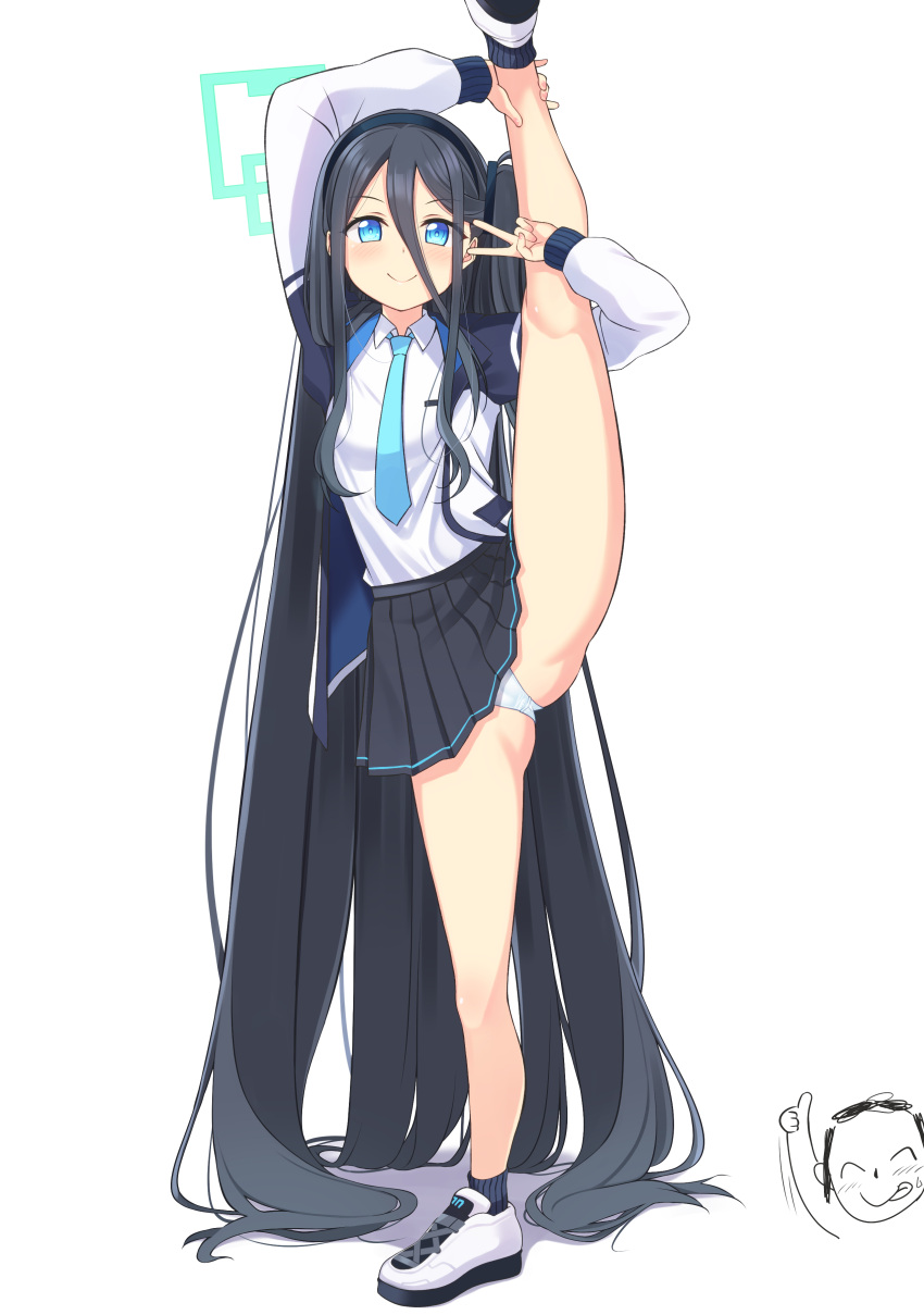 1girl absurdly_long_hair absurdres aris_(blue_archive) black_hair black_hairband black_socks blue_archive blue_eyes blue_necktie flexible hair_between_eyes hairband highres jacket leg_hold leg_lift long_hair long_sleeves mobukichi necktie one_side_up panties shoes smile sneakers socks solo_focus split standing standing_on_one_leg standing_split underwear very_long_hair white_jacket white_panties