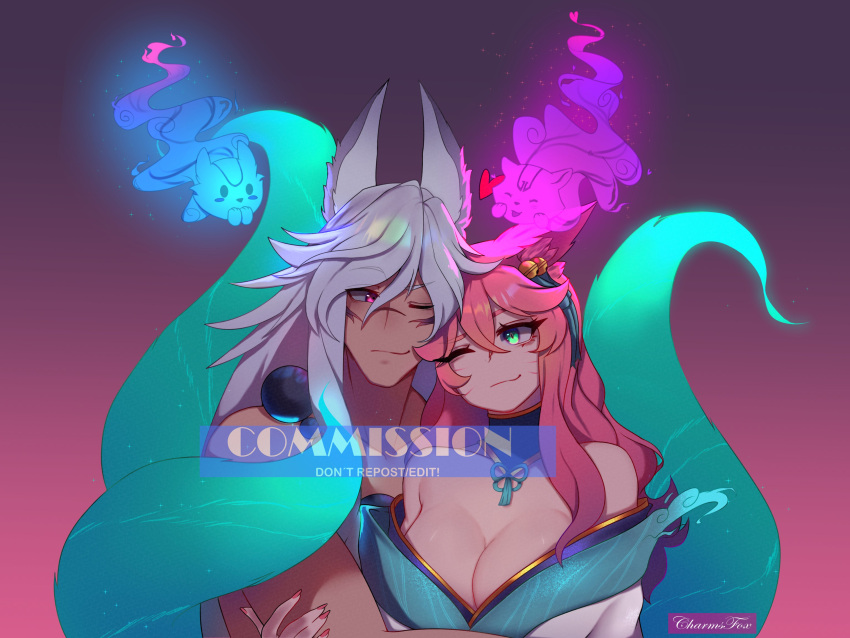 1boy 1girl absurdres ahri_(league_of_legends) animal_ears bangs bare_shoulders bell breasts charms_fox cleavage detached_collar fox_ears fox_tail ghost glowing gradient gradient_background hair_bell hair_between_eyes hair_ornament hair_ribbon highres japanese_clothes kimono large_breasts league_of_legends long_hair multiple_tails one_eye_closed pink_background pink_hair ribbon scar scar_on_face scar_on_nose sett_(league_of_legends) shiny shiny_hair shiny_skin spirit_blossom_ahri spirit_blossom_sett tail upper_body