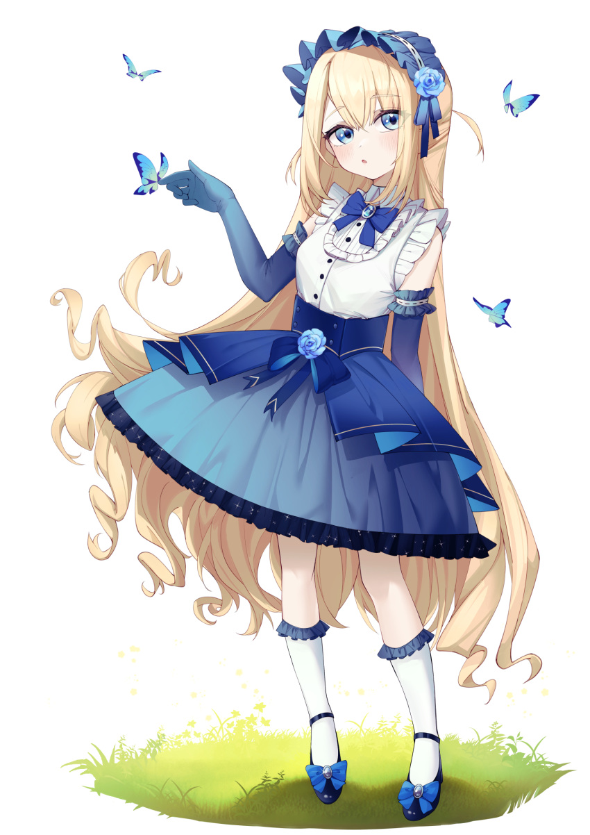 1797928123 1girl ankle_strap blonde_hair blue_butterfly blue_eyes blush bow bowtie brooch bug butterfly butterfly_on_hand dress dress_flower elbow_gloves flower footwear_bow frilled_dress frilled_gloves frilled_sleeves frilled_socks frills full_body gloves hairband highres jewelry lolita_hairband long_hair original parted_lips rose socks solo strappy_heels two_side_up underbust very_long_hair