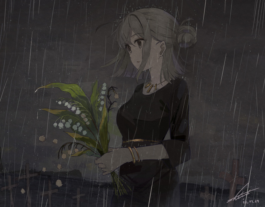 1girl bangs bouquet bracelet cloud cloudy_sky cross dated dress flower grave graveyard grey_eyes grey_hair hair_bun highres holding holding_bouquet holding_flower jewelry lily_of_the_valley necklace original parted_lips rain shi-ro short_hair signature sky solo tombstone