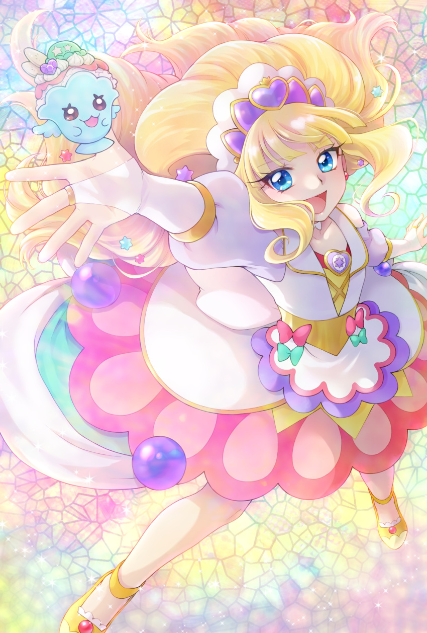 1girl aizen_(syoshiyuki) blonde_hair blue_background blue_eyes blush bridal_gauntlets brooch choker cure_finale delicious_party_precure dress earrings frills gradient gradient_background green_background hair_ornament highres jewelry kasai_amane long_hair long_sleeves magical_girl multicolored_background open_mouth parfait_recipipi pink_background precure smile tiara yellow_background yellow_footwear