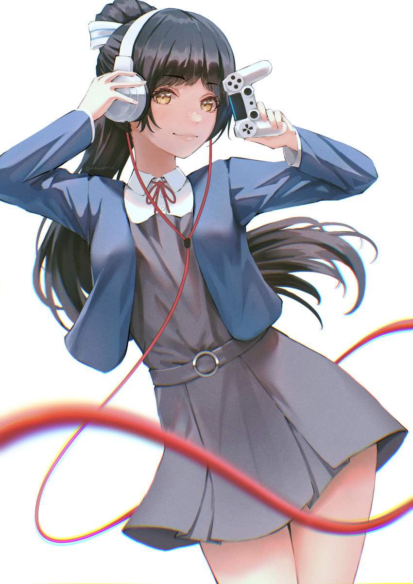 1girl absurdres bangs birthday black_hair cable commentary controller game_console game_controller hazuki_ren headphones high_ponytail highres holding holding_controller holding_game_controller long_hair looking_at_viewer love_live! love_live!_superstar!! notinversion playstation_4 playstation_controller ponytail school_uniform smile solo twitter_username upper_body white_background yuigaoka_school_uniform