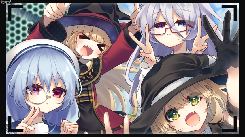 &gt;_&lt; 4girls :d bangs blonde_hair blue_eyes character_request closed_eyes double_thumbs_up double_v dress fangs glasses gloves green_eyes grey_hair hat hat_ribbon heterochromia highres jacket kerberos_blade long_bangs long_sleeves multiple_girls nanahi_tsubaki official_art open_mouth purple_eyes reaching_towards_viewer red-framed_eyewear red_eyes ribbon sailor_collar sailor_hat smile thumbs_up v viewfinder witch_hat
