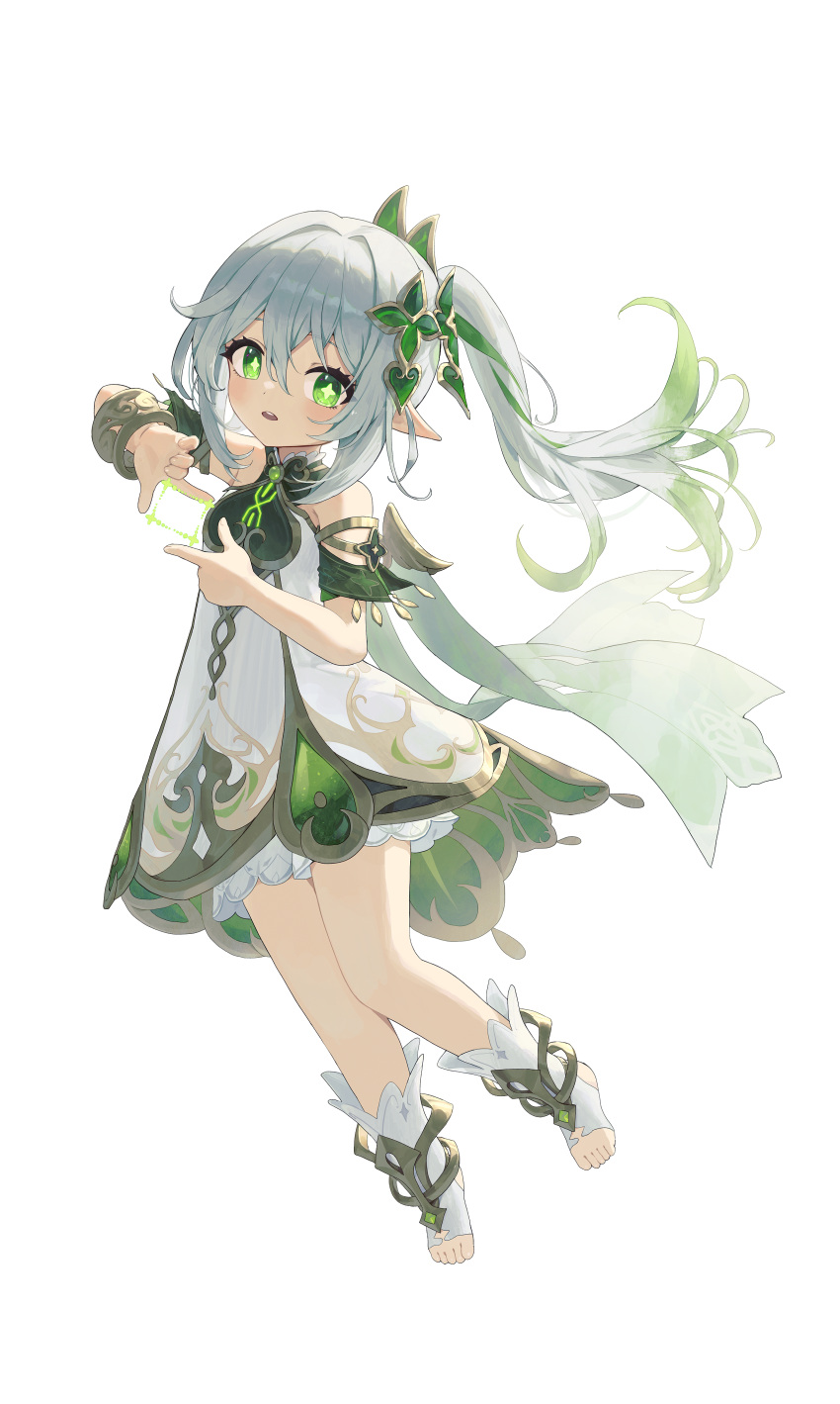 1girl absurdres bangs bracelet cape commentary cross-shaped_pupils detached_sleeves dress finger_frame full_body genshin_impact green_cape green_eyes green_hair green_sleeves grey_hair hair_between_eyes hair_ornament highres jewelry long_hair looking_at_viewer nahida_(genshin_impact) one_side_up open_mouth pellas_(panix2383) pointy_ears simple_background sleeveless sleeveless_dress solo stirrup_footwear symbol-shaped_pupils white_background white_dress white_footwear