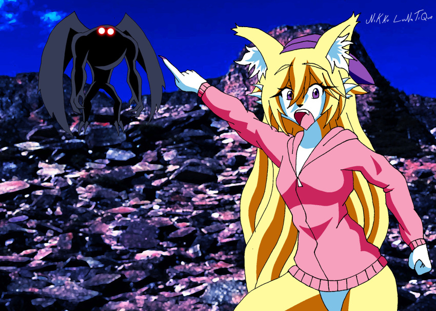 anthro black_body blonde_hair bottomless canid canine canis claws clothed clothing cryptid fangs featureless_crotch female fox fur gesture glowing glowing_eyes hair hat headgear headwear hi_res hoodie inner_ear_fluff looking_at_another looking_at_viewer mammal mothman mountain night nikku_lunatique open_mouth ouko_furinji pink_clothing pointing pointing_at_another purple_claws purple_clothing purple_eyes red_eyes rock standing surprised_expression topwear tuft white_body white_fur wings yellow_body yellow_fur