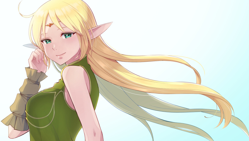 1girl blonde_hair circlet closed_mouth deedlit elf floating_hair from_side gradient gradient_background green_eyes green_shirt highres junjonta long_hair looking_at_viewer pointy_ears record_of_lodoss_war shiny shiny_hair shirt sleeveless sleeveless_shirt smile solo straight_hair upper_body very_long_hair white_background