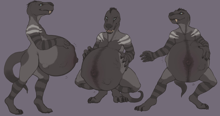 2021 absurd_res anthro belly big-jc big_belly black_body black_fur black_hair brown_eyes claws crouching digitigrade fangs fur gorgonopsid grey_background grey_body grey_fur hair hand_on_stomach hi_res looking_at_viewer male multicolored_body multicolored_fur navel nude outie_navel pose pregnant pregnant_male simple_background sketch_page smile solo therapsid tylus_cairn unborn_kicking