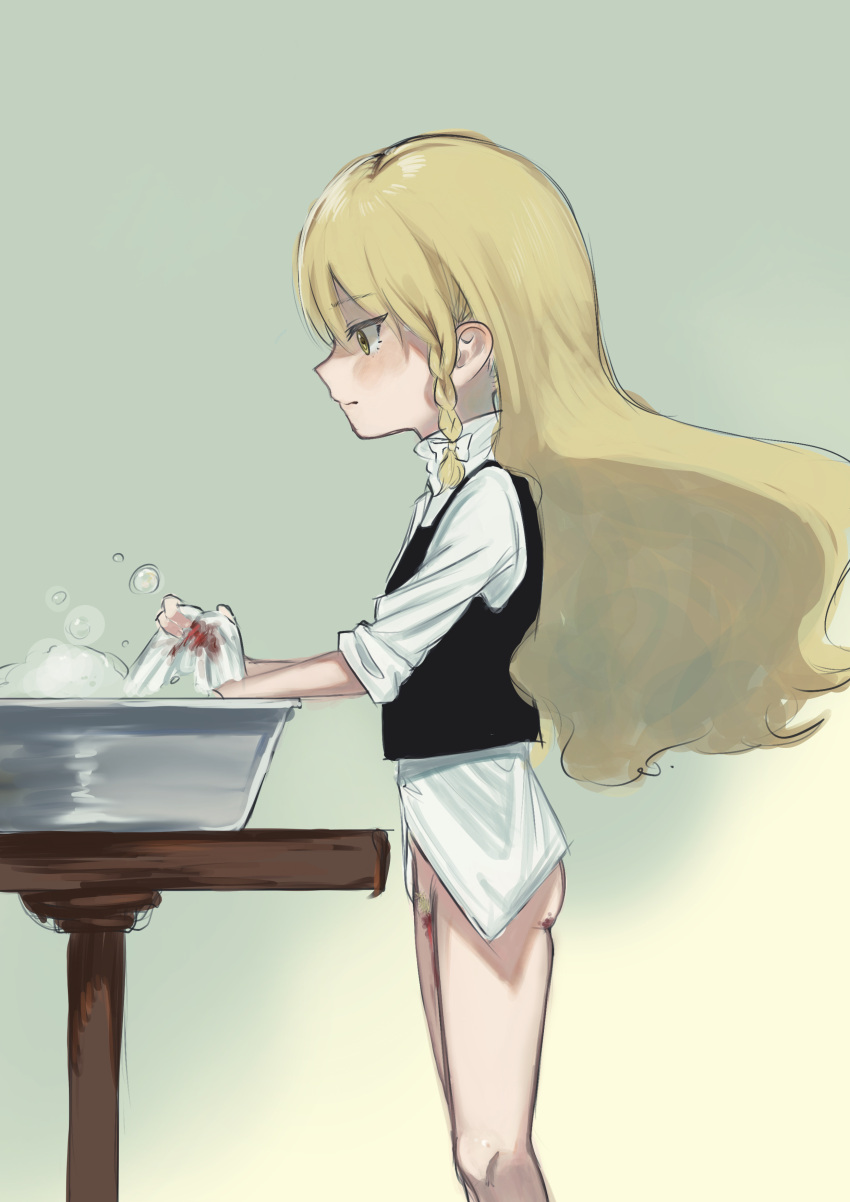 1girl absurdres black_vest blonde_hair blood bottomless bow braid closed_mouth feet_out_of_frame foam from_side green_background hair_bow highres kirisame_marisa long_hair long_sleeves menstruation petarikooo shirt simple_background single_braid sleeves_rolled_up soap_bubbles solo table touhou vest washing_clothes white_shirt wooden_table yellow_eyes
