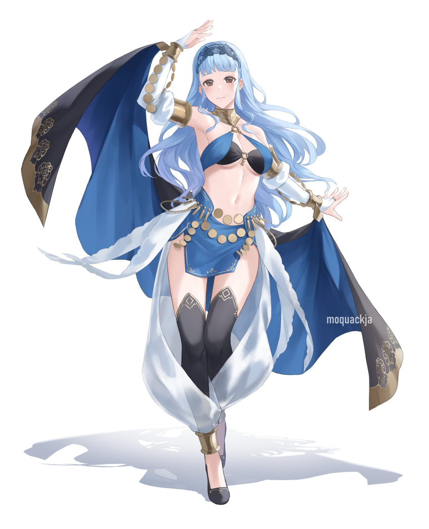 1girl absurdres bangs bare_shoulders black_thighhighs blue_hair blue_hairband blue_skirt blunt_bangs breasts cleavage commentary commission cosplay detached_sleeves fire_emblem fire_emblem:_three_houses fire_emblem_awakening full_body grey_eyes hairband highres large_breasts long_hair long_sleeves looking_at_viewer marianne_von_edmund midriff moja_(rainpoow) navel olivia_(fire_emblem) olivia_(fire_emblem)_(cosplay) simple_background skirt solo standing stomach thighhighs thighs very_long_hair white_background