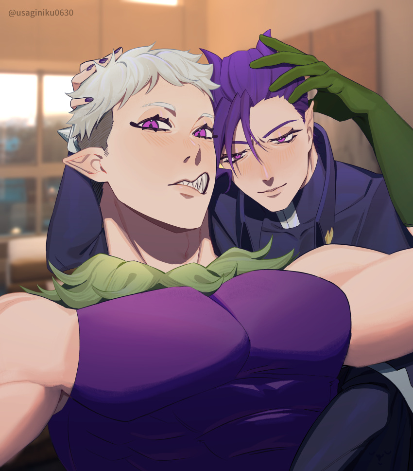 2boys absurdres artist_name balam_shichirou bara blurry blurry_background blush gloves green_gloves highres indoors mairimashita!_iruma-kun multiple_boys muscular muscular_male naberius_kalego pectorals pointy_ears purple_eyes purple_hair sharp_teeth teeth uniform usaginiku0630 white_hair