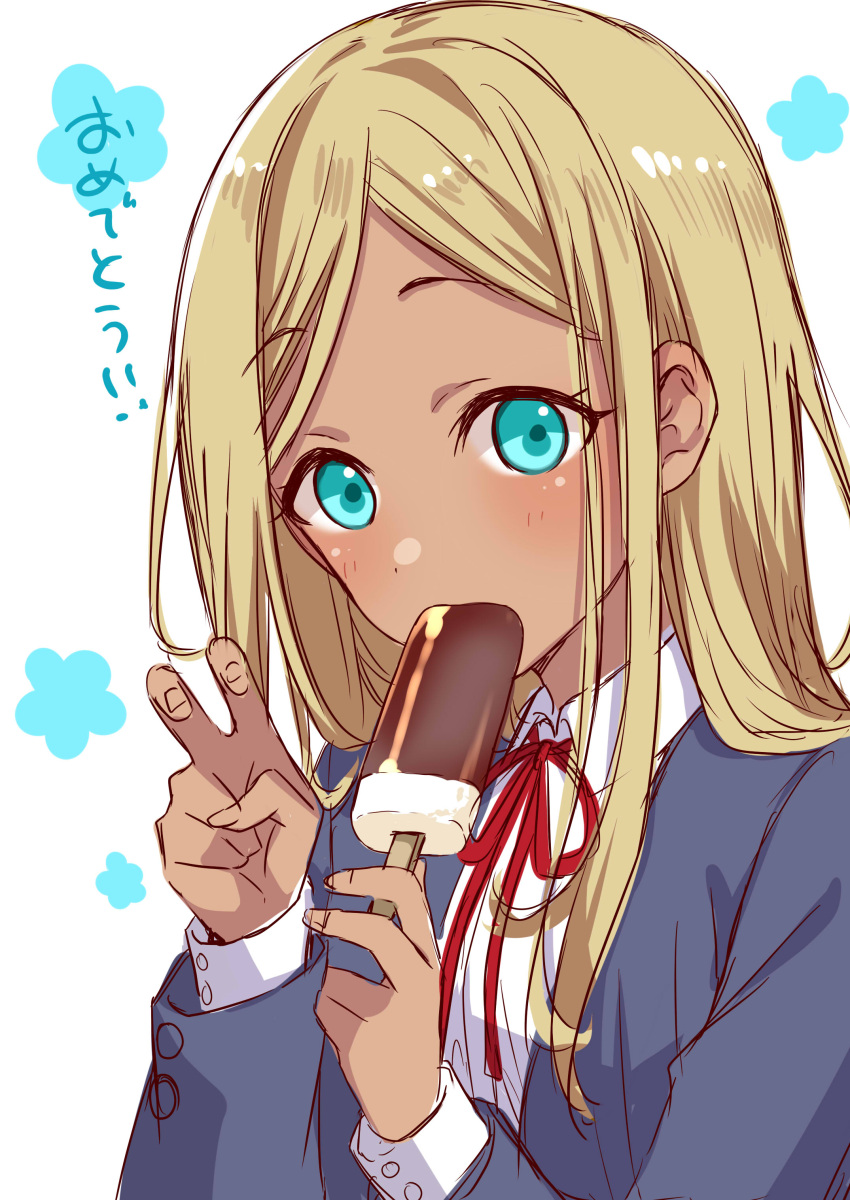 1girl absurdres aqua_eyes bangs blazer blonde_hair blue_jacket blush curled_fingers dark-skinned_female dark_skin floral_background highres holding_ice_cream ice_cream_bar idolmaster idolmaster_cinderella_girls jacket layla_(idolmaster) looking_at_viewer neck_ribbon parted_bangs ribbon school_uniform solo straight_hair tottoto_tomekichi upper_body v