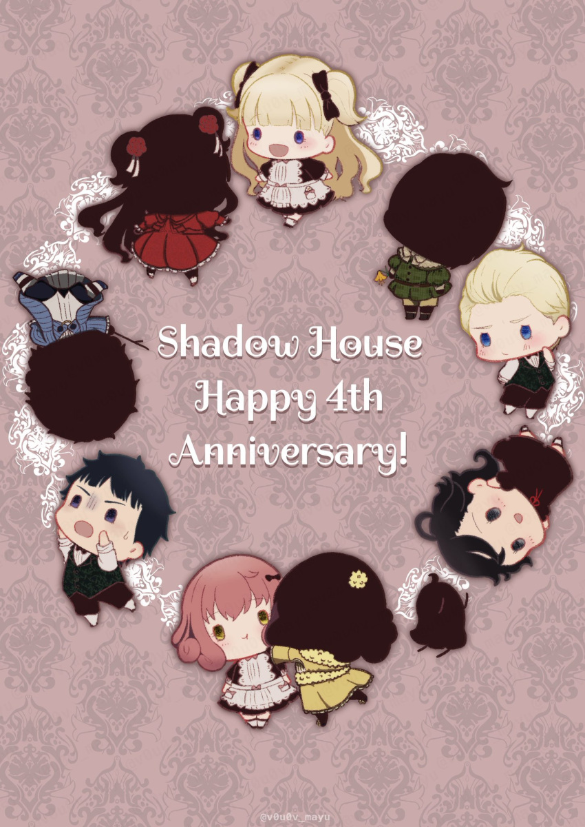 4boys 6+girls anniversary apron bangs black_bow black_dress black_hair black_skin blonde_hair blue_dress blue_eyes blue_jacket blunt_bangs blush bow chibi colored_skin dress emilico_(shadows_house) english_text flower frills hair_bow hair_flower hair_ornament highres jacket john_(shadows_house) kate_(shadows_house) long_hair long_sleeves lou_(shadows_house) louise_(shadows_house) multiple_boys multiple_girls nomayu open_mouth patrick_(shadows_house) puffy_sleeves purple_eyes ram_(shadows_house) red_dress red_hair ribbon ricky_(shadows_house) rose shadow_(shadows_house) shadows_house shaun_(shadows_house) shirley_(shadows_house) shirt short_hair smile two_side_up white_apron white_shirt yellow_eyes