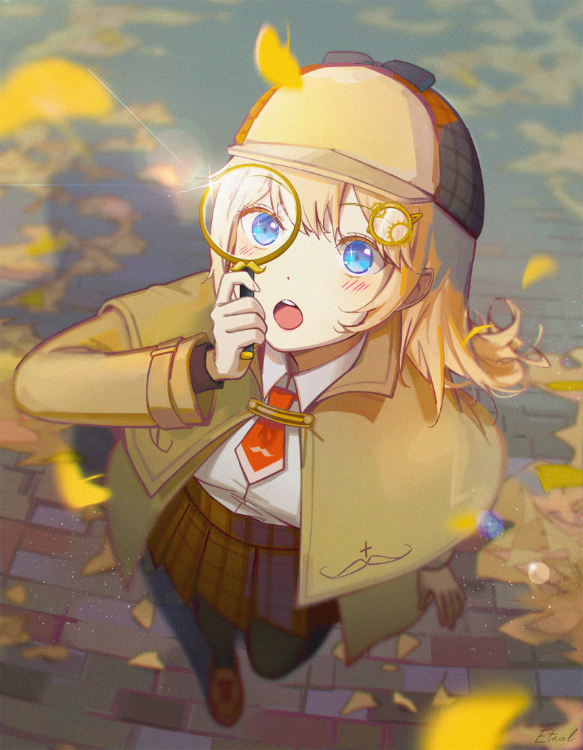 1girl bangs black_thighhighs blonde_hair blue_eyes blurry blush breasts brown_skirt capelet collared_shirt commentary detective english_commentary facing_viewer falling_leaves full_body ginkgo hair_ornament hat high-waist_skirt highres holding holding_magnifying_glass hololive hololive_english leaf loafers long_hair long_sleeves looking_up magnifying_glass monocle_hair_ornament neckerchief necktie open_mouth plaid plaid_skirt rainry red_neckerchief shirt shoes skirt solo standing swept_bangs teeth thighhighs tongue virtual_youtuber watson_amelia white_shirt