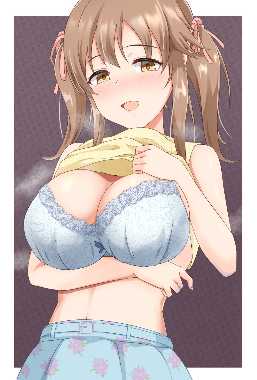 1girl absurdres blue_bra blue_skirt bra breasts brown_eyes brown_hair cleavage clothes_lift floral_print highres idolmaster idolmaster_cinderella_girls lace-trimmed_bra lace_trim large_breasts looking_at_viewer pleated_skirt shirt shirt_lift skirt sleeveless sleeveless_shirt solo steam totoki_airi twintails underwear zhi_(papercraft8559)