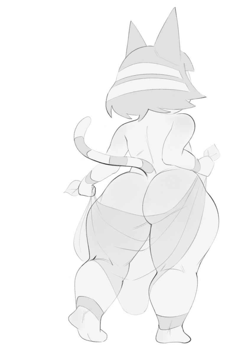 2022 animal_crossing ankha_(animal_crossing) anthro butt domestic_cat faceless_character faceless_female felid feline felis female full-length_portrait greyscale hi_res mammal monochrome nintendo nude_female portrait rear_view short_stack sketch slightly_chubby solo standing thick_thighs video_games xu53r