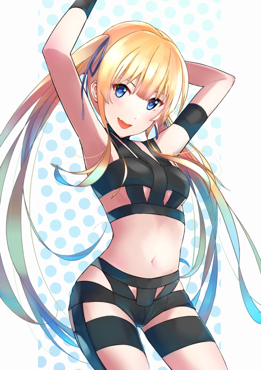 1girl :d absurdres armpits arms_up bangs blonde_hair blue_eyes blue_hair blue_ribbon breasts cowboy_shot fang floating_hair gradient_hair hair_ribbon highres hot_limit kikuwata long_hair looking_at_viewer medium_breasts multicolored_hair navel open_mouth revealing_clothes ribbon saenai_heroine_no_sodatekata sawamura_spencer_eriri skin_fang smile solo standing t.m.revolution twintails underboob very_long_hair