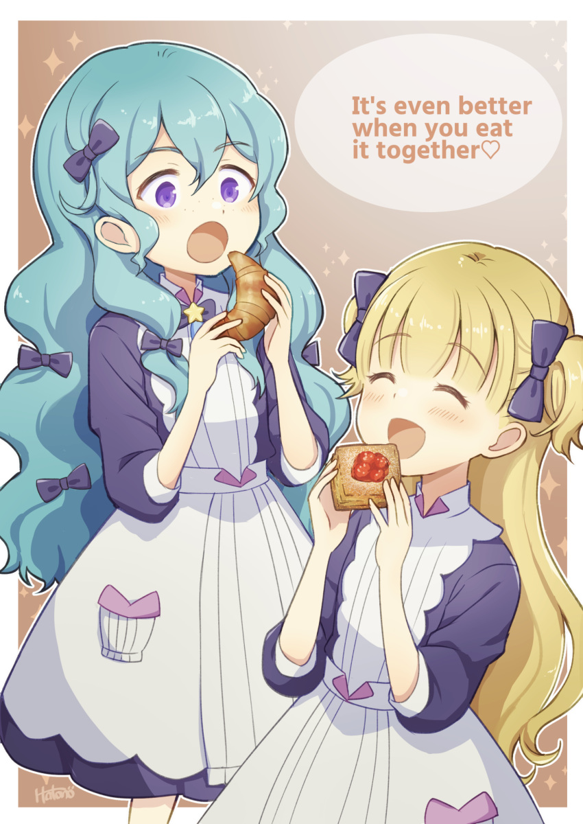 2girls apron bangs barbie_(shadows_house) blonde_hair blue_bow blue_dress blue_hair blunt_bangs blush bow closed_eyes croissant dress eating emilico_(shadows_house) food hair_between_eyes hair_bow hair_ornament hato_no12 highres holding holding_food long_hair multiple_girls open_mouth pocket purple_eyes shadows_house toast two_side_up white_apron