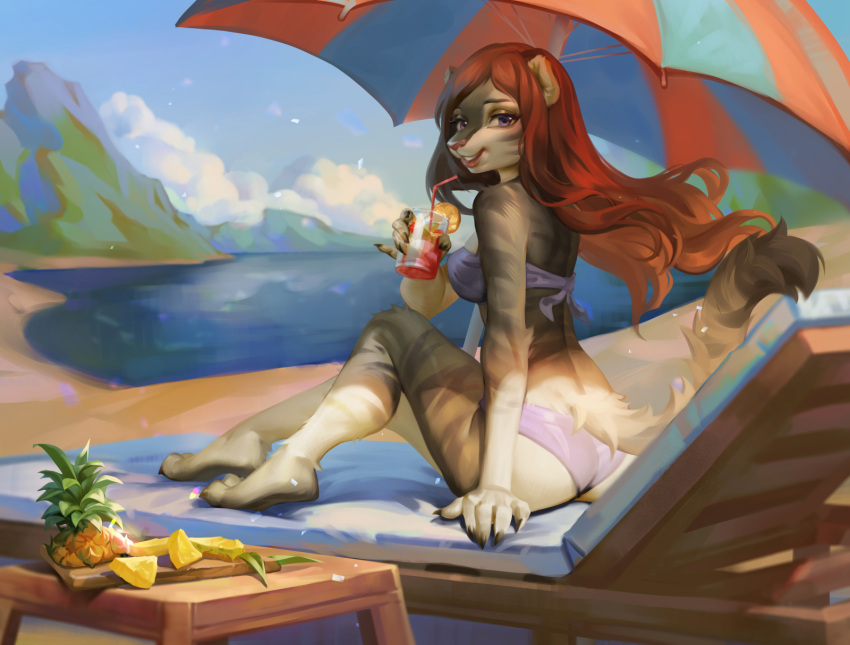 alcohol alcoholic_drink anthro avora_kuma beach beverage bikini butt chair clothing cloudscape container cup domestic_cat felid feline felis female food fruit furniture glass glass_container glass_cup hi_res looking_at_viewer lounge_chair mammal mountain_range pantherine pineapple plant relaxing sand savrasova seaside sky solo swimwear tiger umbrella water