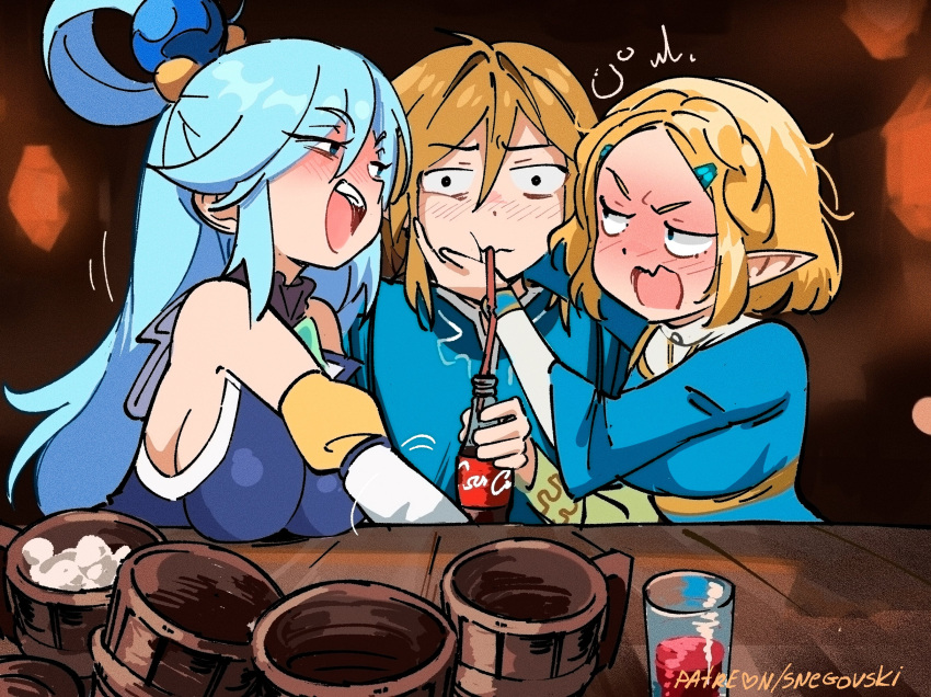 1boy 2girls aqua_(konosuba) assertive_female bare_shoulders blonde_hair blue_eyes blue_hair blush bottle braid breasts crossover cup drinking drinking_straw drunk french_braid full-face_blush girl_sandwich hair_ornament hand_on_another's_face hetero highres kono_subarashii_sekai_ni_shukufuku_wo! large_breasts link looking_at_another looking_at_viewer mug multiple_girls nose_blush open_mouth pointy_ears princess_zelda sandwiched short_hair sidelocks single_hair_ring snegovski table the_legend_of_zelda the_legend_of_zelda:_breath_of_the_wild the_legend_of_zelda:_tears_of_the_kingdom tunic