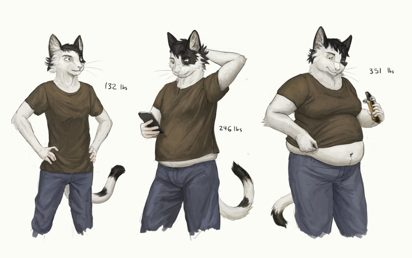 anthro belly black_hair bottomwear cettus clothing domestic_cat exposed_belly felid feline felis fur hair hand_behind_head hands_on_hips hi_res looking_at_object looking_at_phone male mammal natan_osorio_suarez overweight overweight_anthro overweight_male pants phone sequence shirt simple_background solo standing topwear weight_gain white_background white_body white_fur